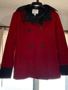 Red Double-Breasted Pea Coat with Black Collar & Cuffs, Fully Lined